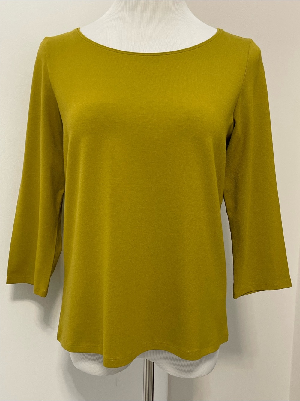 Eileen Fisher Jersey Knit Scoop Neck Top 3/4 Sleeve Olive Green Size M